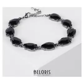 Браслет со стразами "Дорожка" бал, капли, цвет чёрный в сером металле