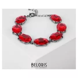 Браслет со стразами "Дорожка" бал, овал, цвет красный в сером металле