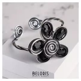 Браслет со стразами "Валькирия" цветок, цвет черный в чернёном серебре