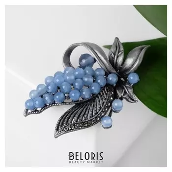 Брошь "Агат голубой" гроздь, цвет серо-голубой в сером металле