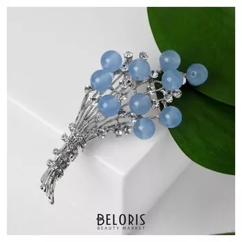 Брошь "Агат голубой" крупный букет, цвет бело-голубой в серебре