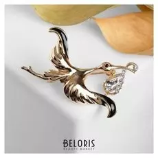 Брошь "Аист", цвет чёрно-белый в золоте