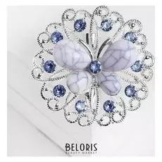 Брошь "Бабочка" на цветке, цвет бело-голубой в серебре