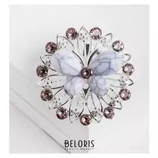 Брошь "Бабочка" на цветке, цвет бело-розовый в серебре