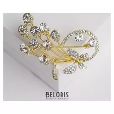 Брошь "Бабочка на стебле" цветы, цвет белый в жёлтом золоте