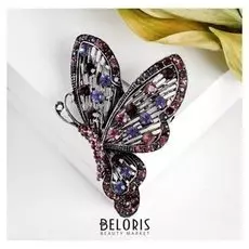 Брошь "Бабочка" профиль, цвет бордово-розовый в чернёном серебре