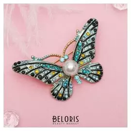 Брошь "Бабочка с жемчужинкой", разноцветная в золоте