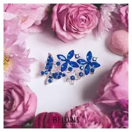 Брошь "Бабочки" синеглазки, цвет синий в серебре