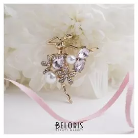 Брошь "Балерина" цветы и жемчужины, цвет бело-розовый в золоте