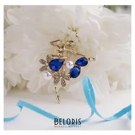Брошь "Балерина" цветы и жемчужины, цвет бело-синий в золоте