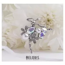 Брошь "Балерина" цветы и жемчужины, цвет радужный в серебре