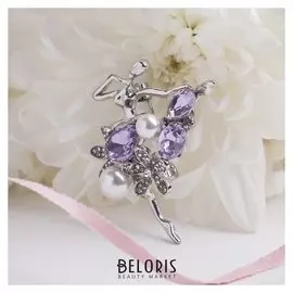 Брошь "Балерина" цветы и жемчужины, цвет сиренево-белый в серебре