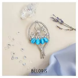 Брошь "Балерина" в рамке, цвет бело-бирюзовый в серебре