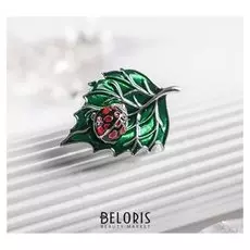 Брошь "Божья коровка" малышка на листе, цветная в серебре