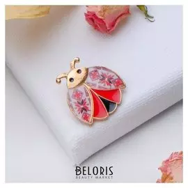 Брошь "Божья коровка" орнамент, цвет бело-красный в золоте