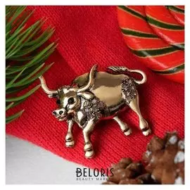 Брошь "Бык" рога вверх, цвет серый в чернёном золоте