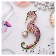 Брошь "Цапля", цвет розово-зеленый в черненом золоте