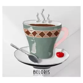 Брошь "Чашка чая", цвет зелёный в серебре