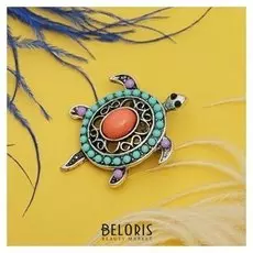 Брошь "Черепашка", этническая, разноцветная в серебре