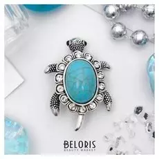 Брошь "Черепашка" панцирь под бирюзу, цвет голубой в черненом серебре