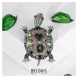 Брошь "Черепашка" в крупных стразах, цветная в чернёном серебре