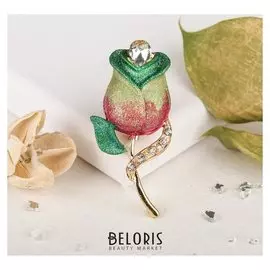 Брошь "Цветочек" роза на стебле, цветная в золоте