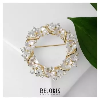 Брошь "Цветочки" в круге, цвет белый в золоте