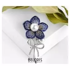 Брошь "Цветочное полотно", цвет сине-белый в серебре