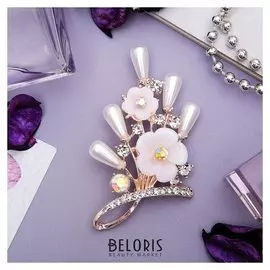 Брошь "Цветочный букет" цвет белый в золоте