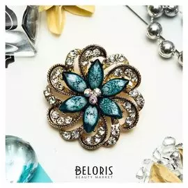 Брошь "Цветок" двойной, цвет бело-морской в золоте