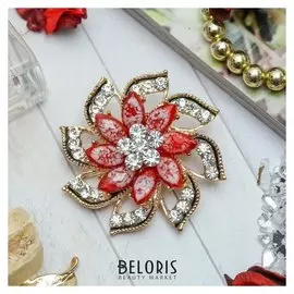 Брошь "Цветок" двойной, цвет красно-белый в золоте