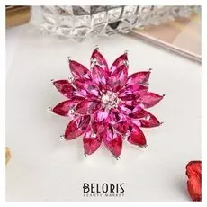 Брошь "Цветок" хризантема, цвет малиновый в серебре