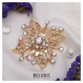 Брошь "Цветок" многолистник с тычинками, цвет белый в золоте