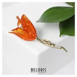 Брошь "Цветок" янтарный, цвет оранжевый в золоте