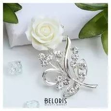 Брошь "Цветок", роза нежная, цвет белый в серебре