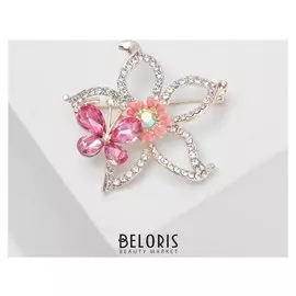 Брошь "Цветок" с бабочкой, цветная в золоте