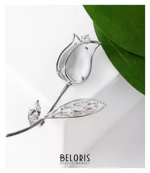 Брошь "Цветок" тюльпан, кошачий глаз, цвет серый в серебре