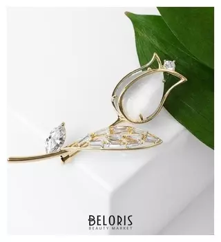 Брошь "Цветок" тюльпан, кошачий глаз, цвет серый в золоте