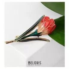 Брошь "Цветок" тюльпанчик, цвет красно-зелёный в золоте