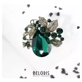 Брошь "Цветок" венок славы, цвет изумрудный в чернёном золоте