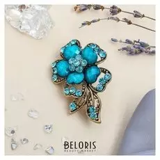 Брошь "Цветок желаний", цвет морской в чернёном золоте