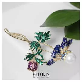 Брошь "Цветок" жемчужная сердцевина, цветная в золоте