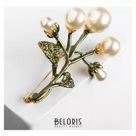 Брошь "Цветы" бусинки, цвет бело-зелёный в золоте