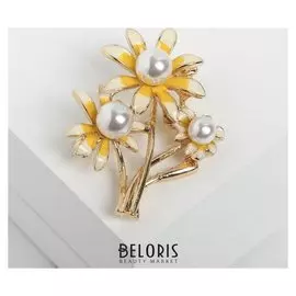 Брошь "Цветы" ромашки, цвет жёлто-белый в золоте