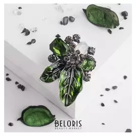 Брошь "Цветы" странница, цвет зелёный в чернёном серебре