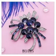 Брошь "Цветы в алмазах" цвет бело-синий в серебре