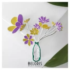 Брошь "Цветы" в вазе, цвет жёлто-сиреневый в серебре