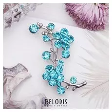 Брошь "Цветы" ветвь яблони, цвет голубой в серебре