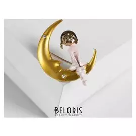 Брошь "Девочка" на луне, цветная в золоте