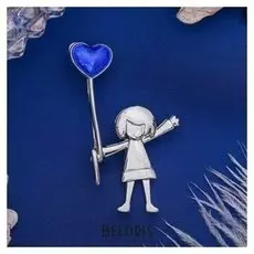 Брошь "Девочка с шариком", цвет синий в серебре
